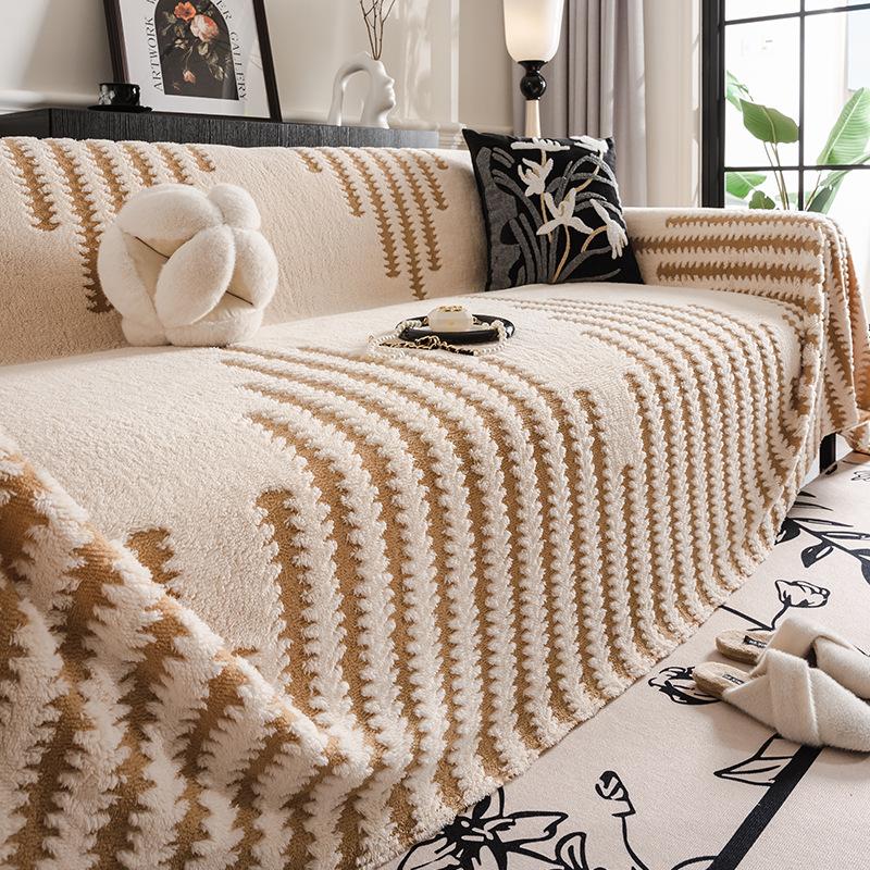 High-End Fishbone Patterned Plush Sofa Towel Anti-Slip Protection Couch Covers For Living Room Anti-Scratch Furniture Slipcover