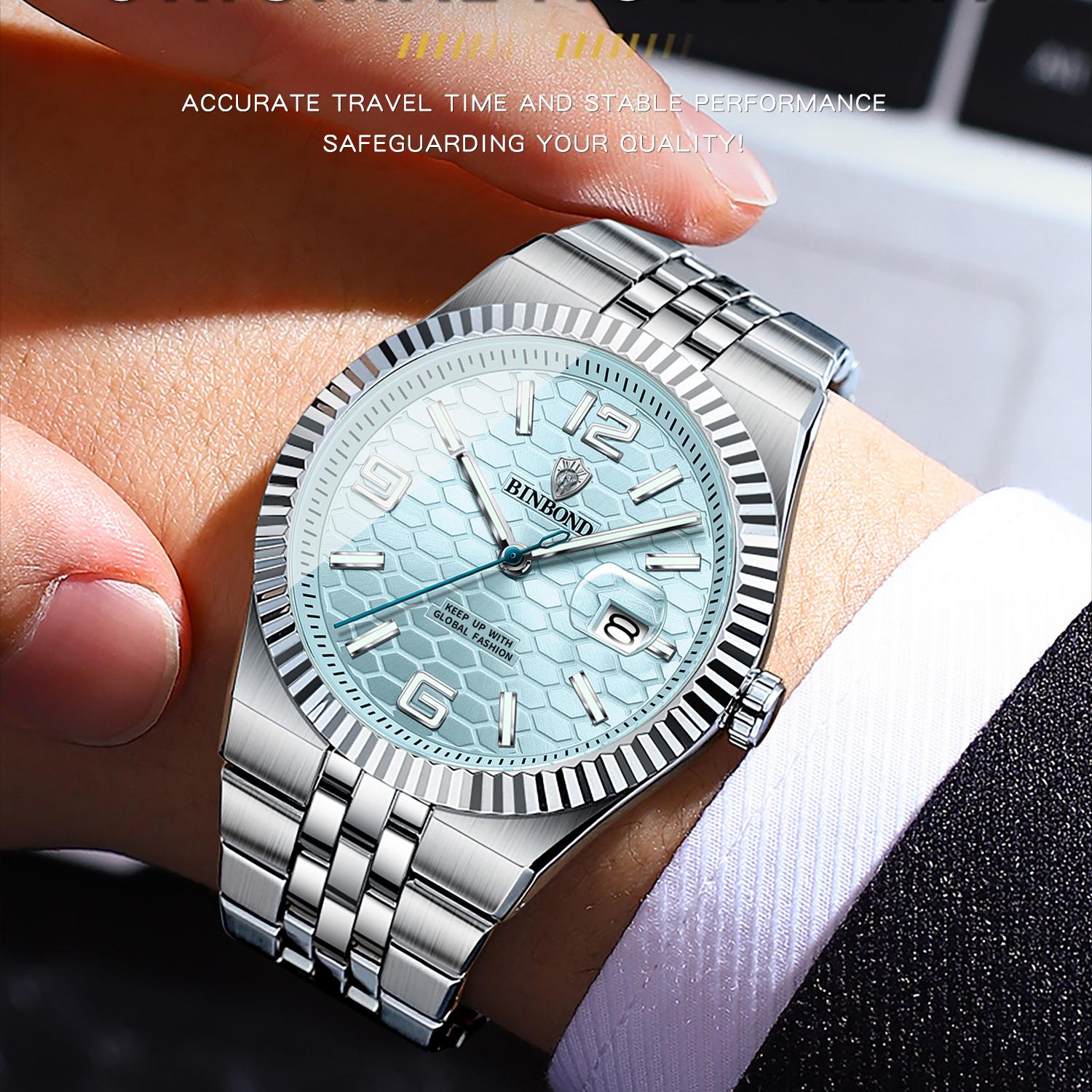 

Luxury Men Quartz Watches Business gifts Watch for Man Waterproof Luminous Date Week Stainless Steel Wristwatch Male All silver зелений