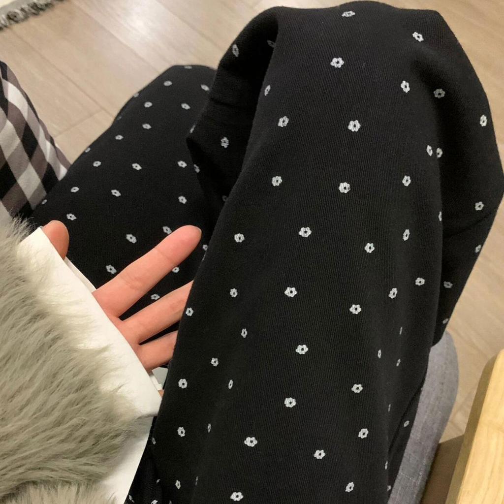 Women's High Waist Black Polka Dot Floral Wide-Leg Trousers with Velvet Lining - Autumn/Winter