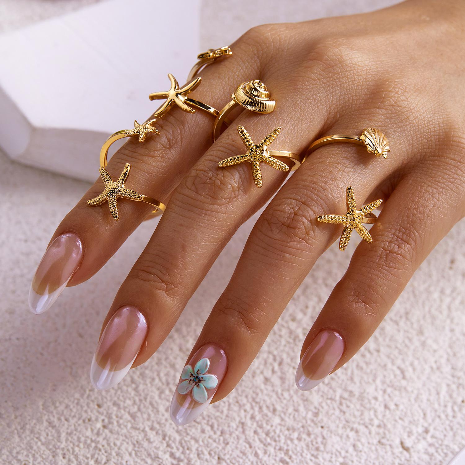 

4Pcs/Set Vintage Gold Color Starfish Open Rings for Women Men Punk Gothic Metal Conch Shell Joint Rings Trendy Stackable Jewelry
