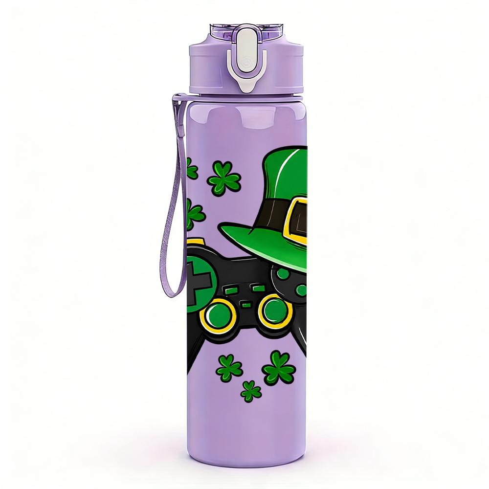 1PC Shamrock Game Controller Graphic 750ml Color Plastic Water Bottle Leakproof Flip Straw Lid For Sports Office Home Use
