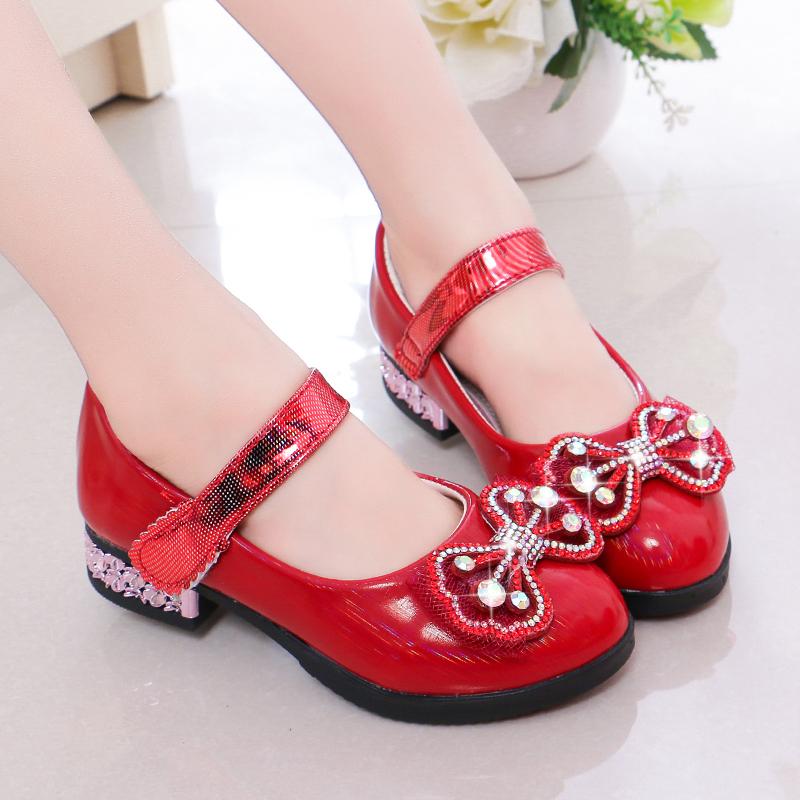 

Girls Princess Shoes Round Toes Sweet Bows Kids Flat Shoes Non-slip Soft Sole 2025 New Girls Leather Shoes Pu Shiny Crystal Ins 26 червоний