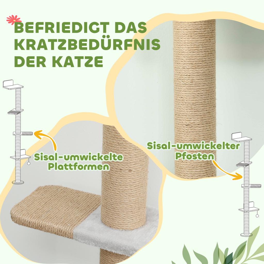 Wall Mounted Cat Shelves, Cat Climbing Wall with 4 Climbing Platforms, Jute Scratching Post and Toy Ball,180cm Tall, Light Grey