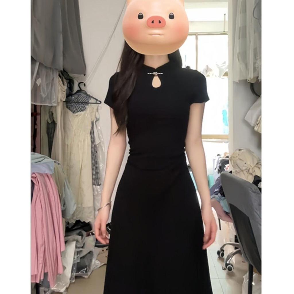 Summer 2026 Black Short-Sleeved Qipao Dress - Petite Fit, Waist-Cinched, National Style