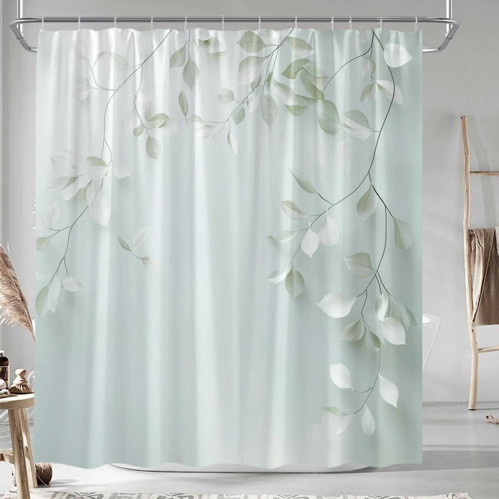 

1 Шторка для душа Serenity из полиэстера, узор из светло-зеленых листьев и темных веток, можно стирать в машине, тканая ткань, модная тема W90xH180cm