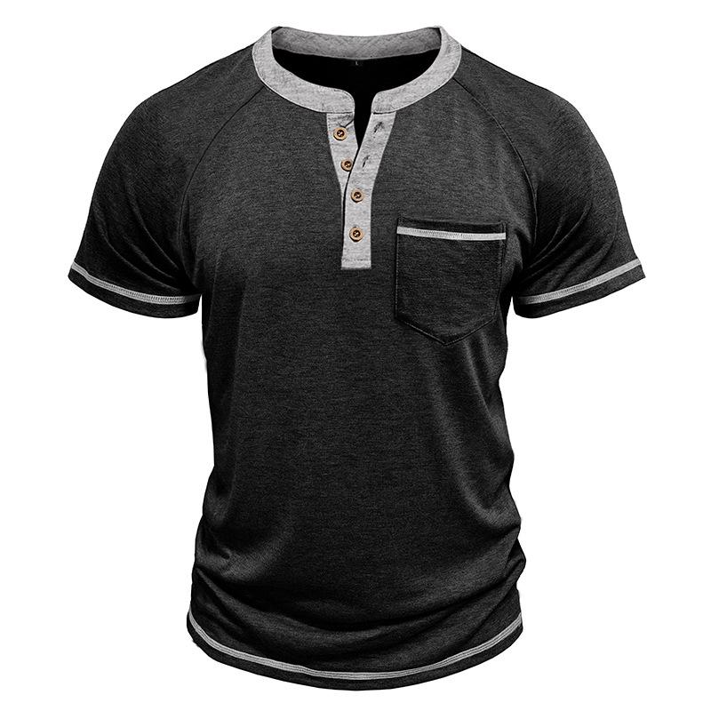Men's Henley Collar Polo Shirts Summer Fashion Patchwork Short Sleeve Pullover Tops Retro Casual Tees Men