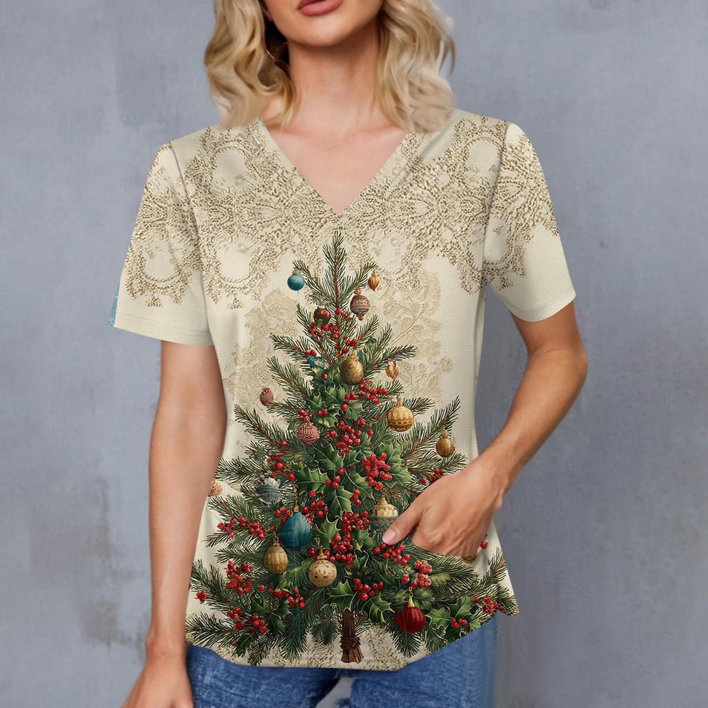 Dámský vánoční potištěný top s výstřihem do V, dvěma kapsami, krátkým rukávem, rozparkem na lemu, uniforma pro pečovatelky