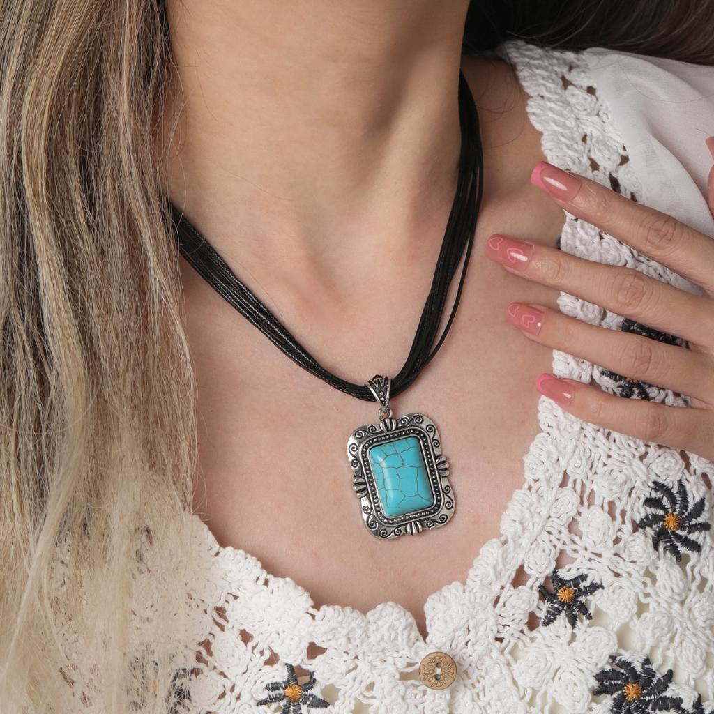 BLINGBAY Damen Anhänger Halskette Böhmisch Retro Ethnisch Türkis Halskette Geometrische Anhänger Halskette Mädchen Geburtstagsgeschenk