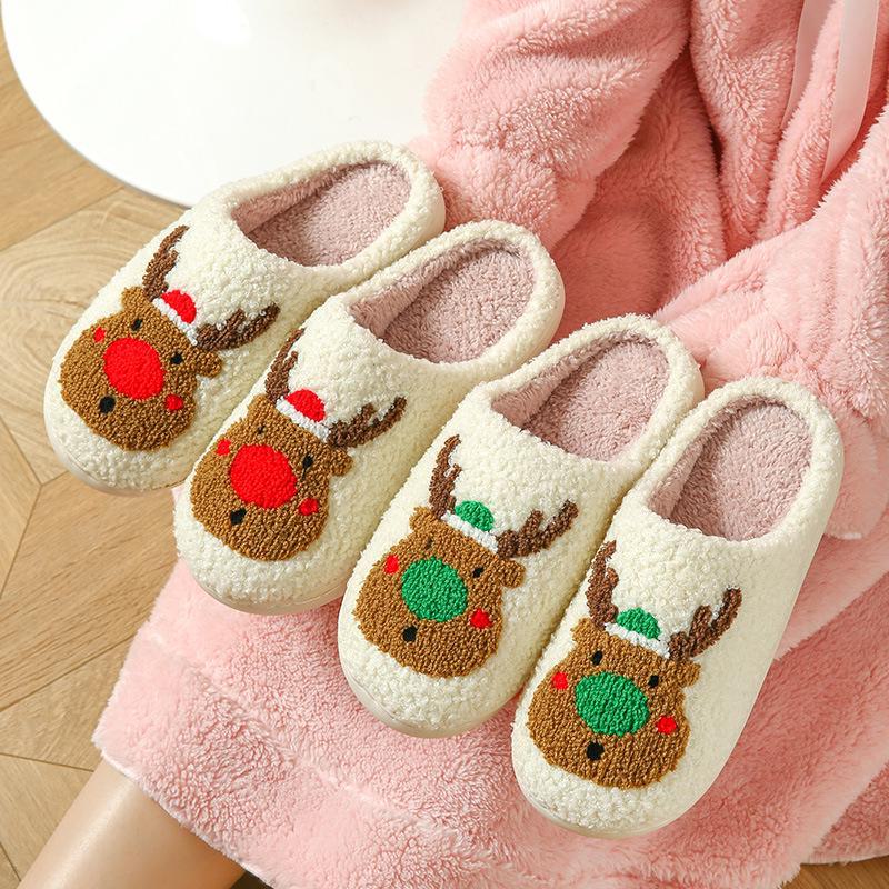 2024 Women's Cute Christmas Elk Plush Cotton Slippers - Cozy Winter Warm Home Shoes for Couples