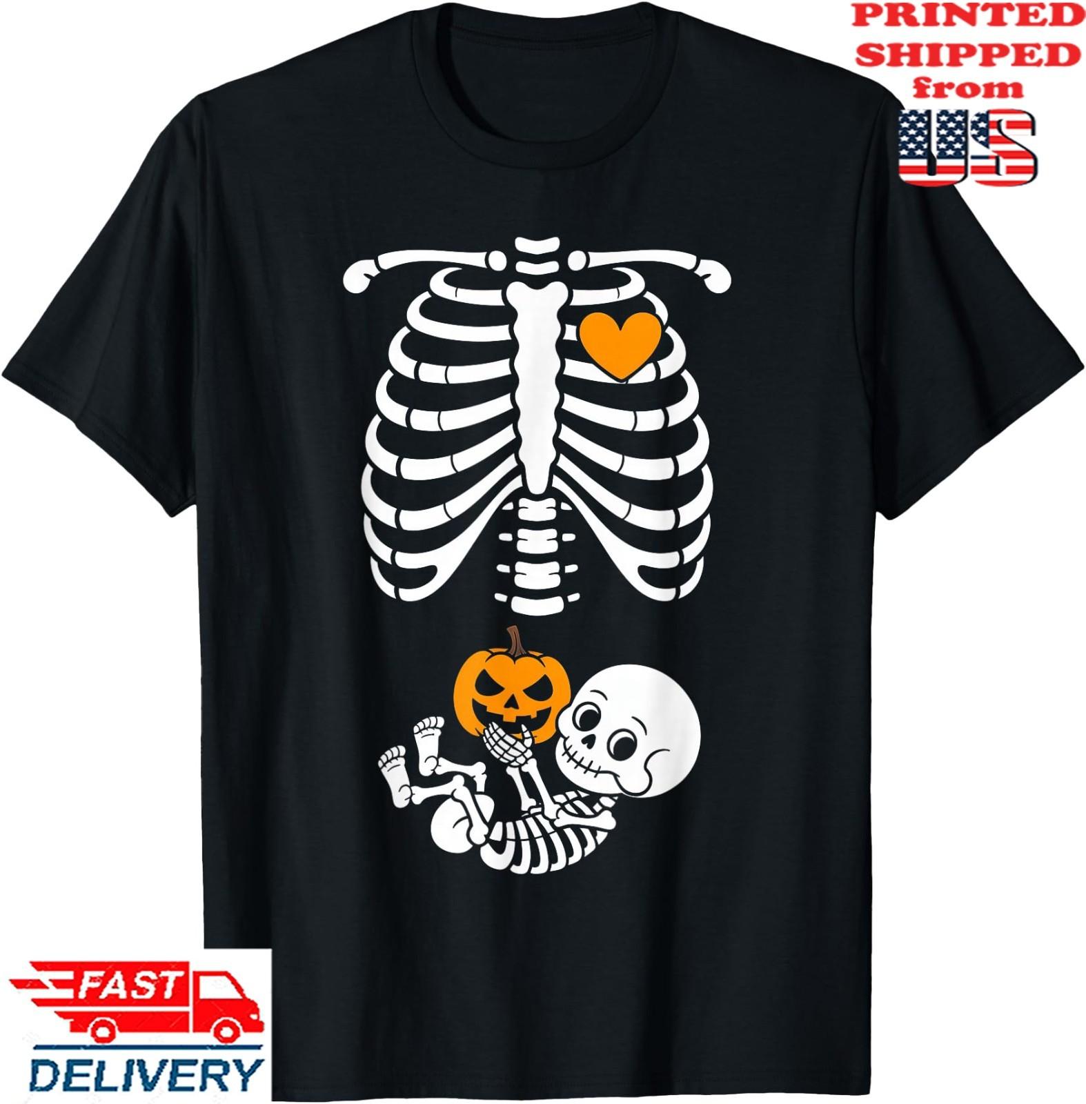 Halloween Skeleton Baby Rib Cage Maternity Pregnant Pumpkin T-Shirt, Unisex Tee S