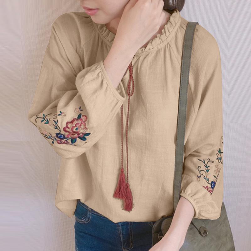 

ZANZEA Женская повседневная хлопковая блузка с цветочной вышивкой и длинным рукавом с круглым вырезом