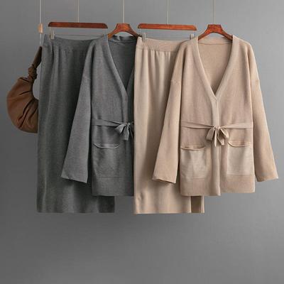 Fashion Suit Women's Autumn And Winter V-neck Loose Knitted Lace Up Cardigan Jacket Half Skirt Two-piece Set