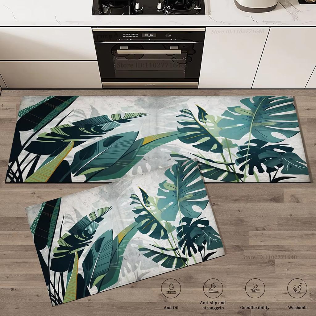 Schlichter Stil Grünes Blätter-Muster Rutschfester Küchenteppich Wohnzimmer Eingang Fußmatte Teppich Waschbare Matte Heimdekoration