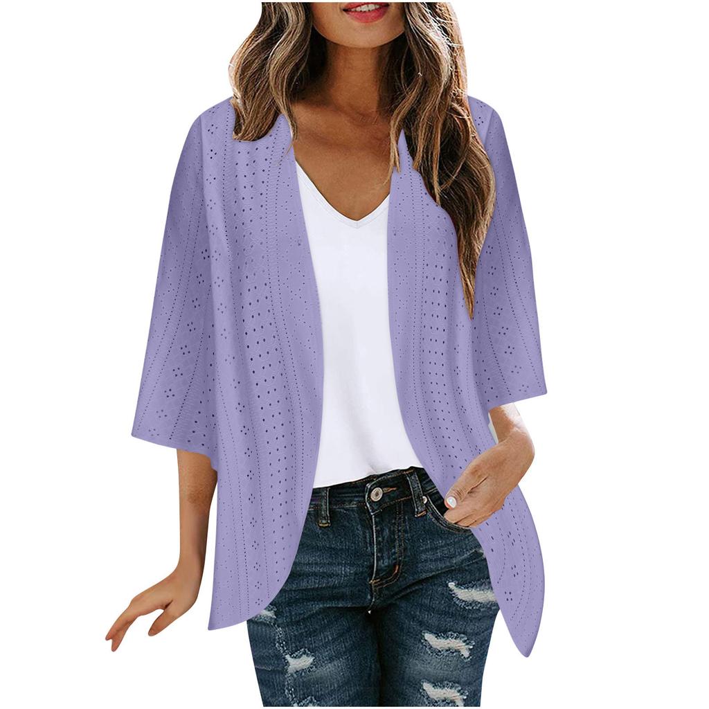 Veste Cardigan Décontractée Mode Femme à Manches Sept Partagées Couleur Unie