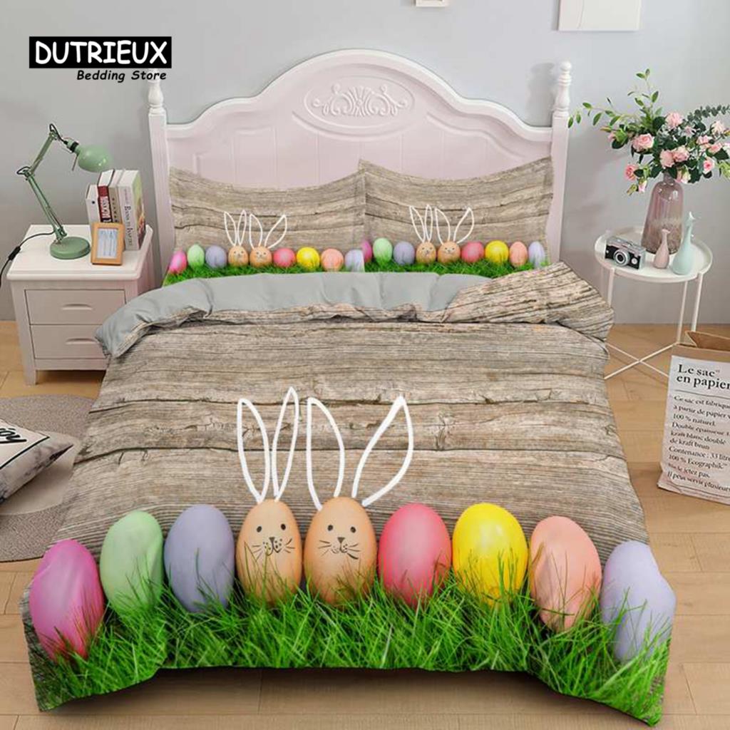 Soft Cartoon Pastoral Rabbit Duvet Cover Set Easter Eggs Print Bedding Set For Kids Child Microfiber Single King Comforter Cover