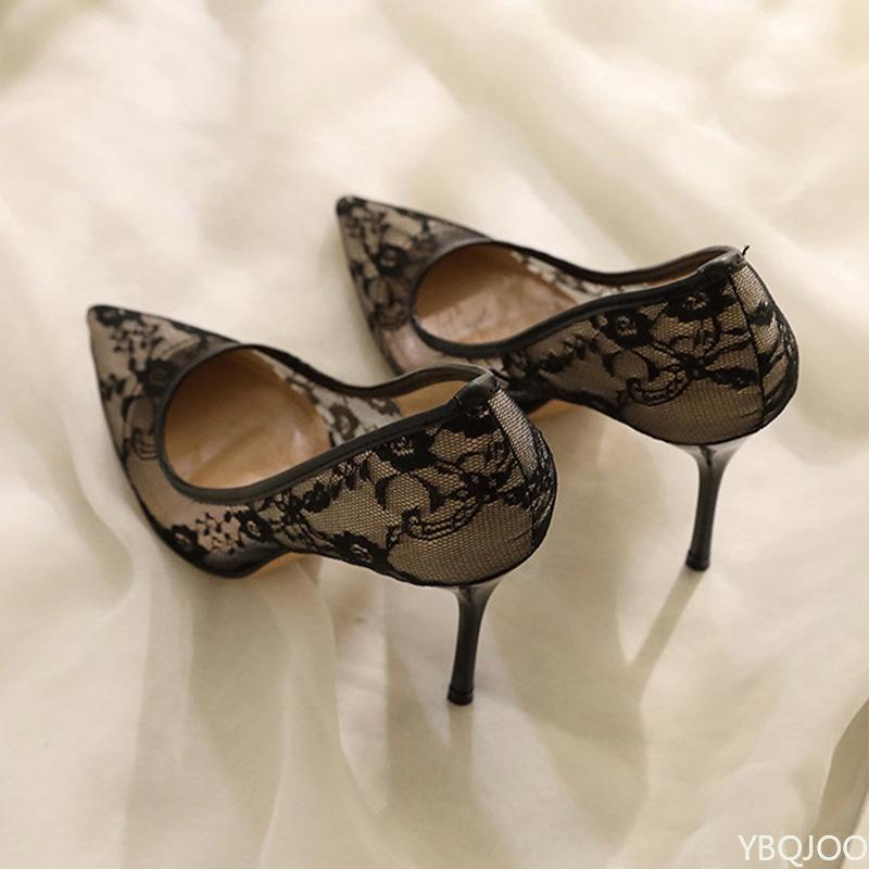 Women's Shoes Breathable Lace Mesh Sexy High Heels Design Sense Niche Temperament Pointed Thin Single Shoes Versatile Solid