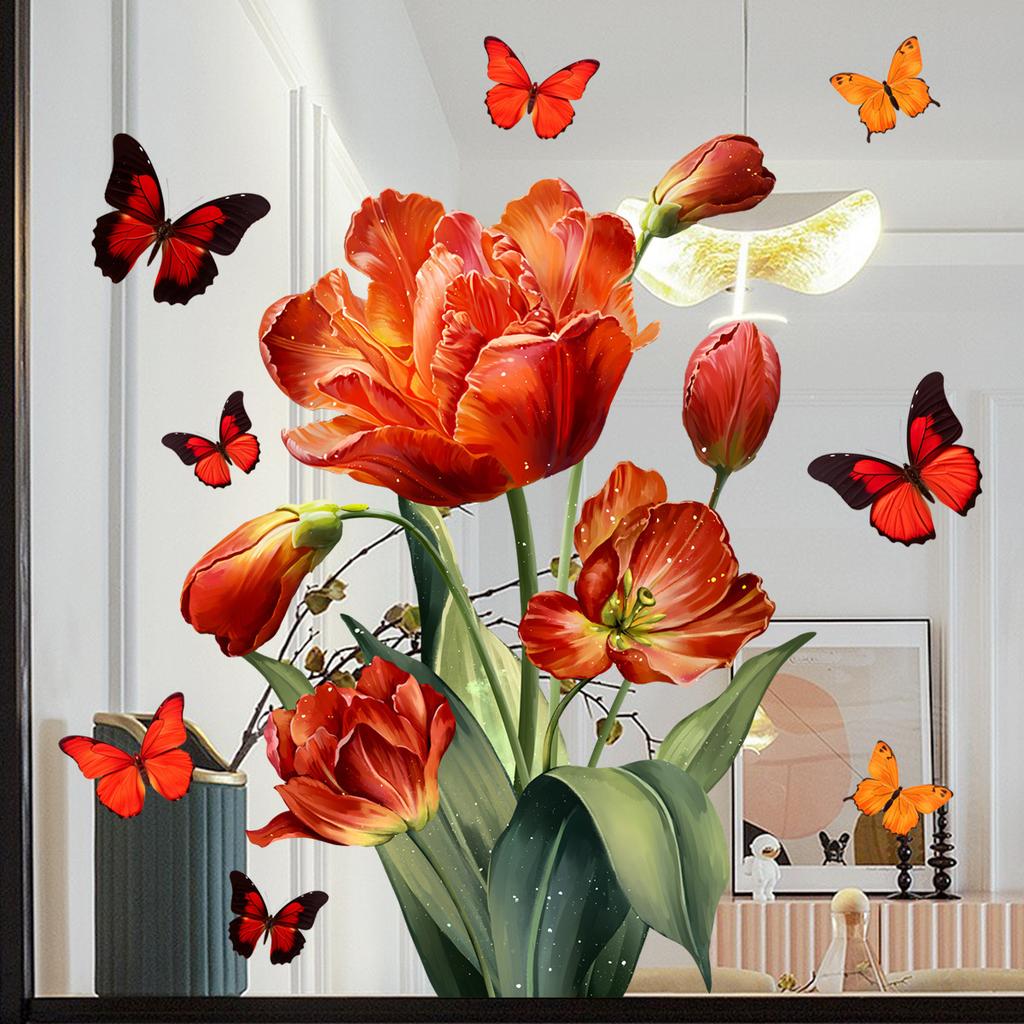 Flowers, Tulips, Butterfly Window Stickers, Electrostatic Stickers, Home Decoration Stickers