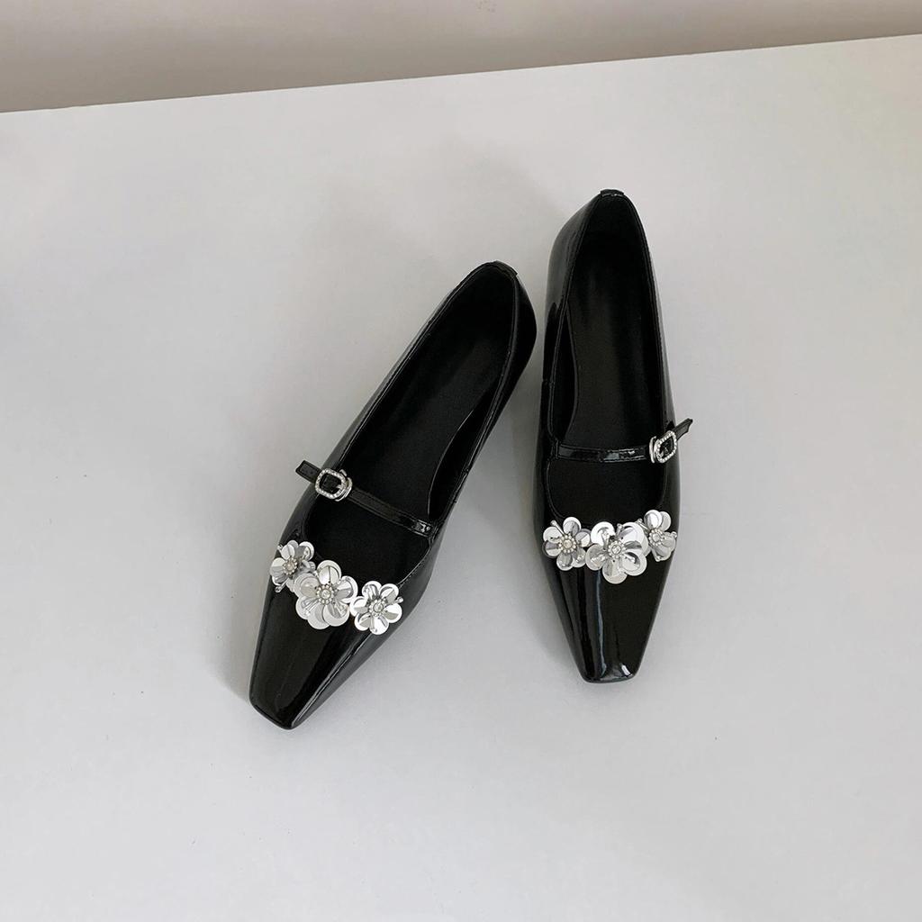 Sheepskin Version~ French Flower Word with Silver Mary Jane Shoes Temperament Square Head Light Mouth with Skirt Height-increasing Single Shoes