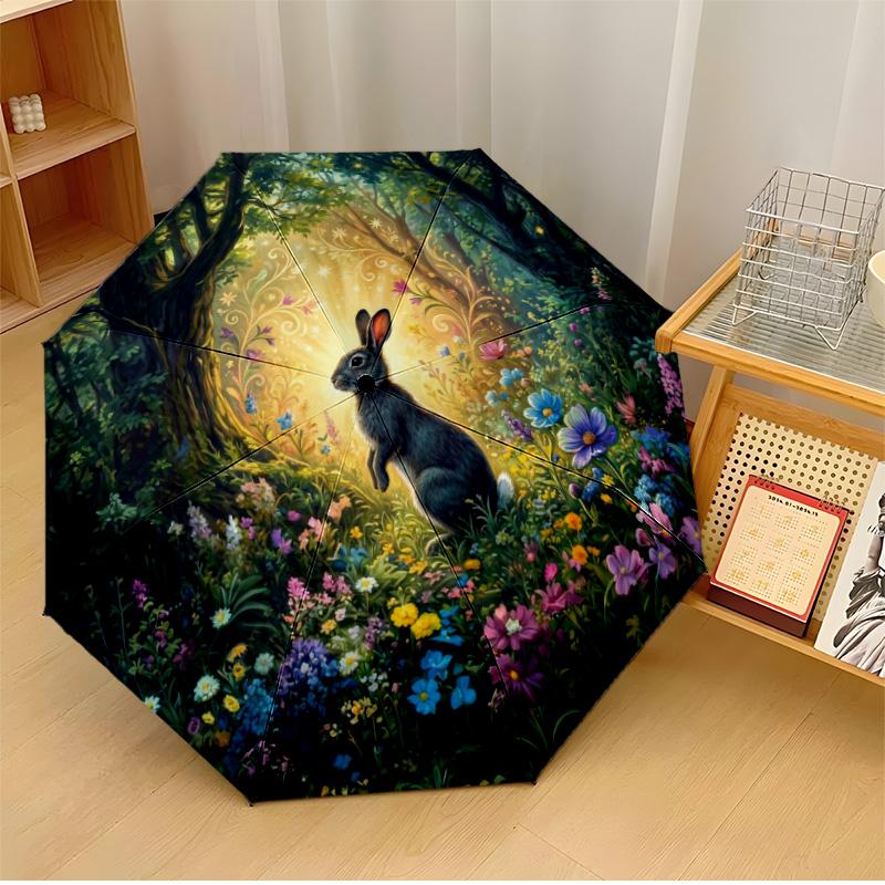 

Gray Rabbit in Decorative Circle Printed umbrella windproof folding umbrella portable sun and rain umbrella suitable for gifting