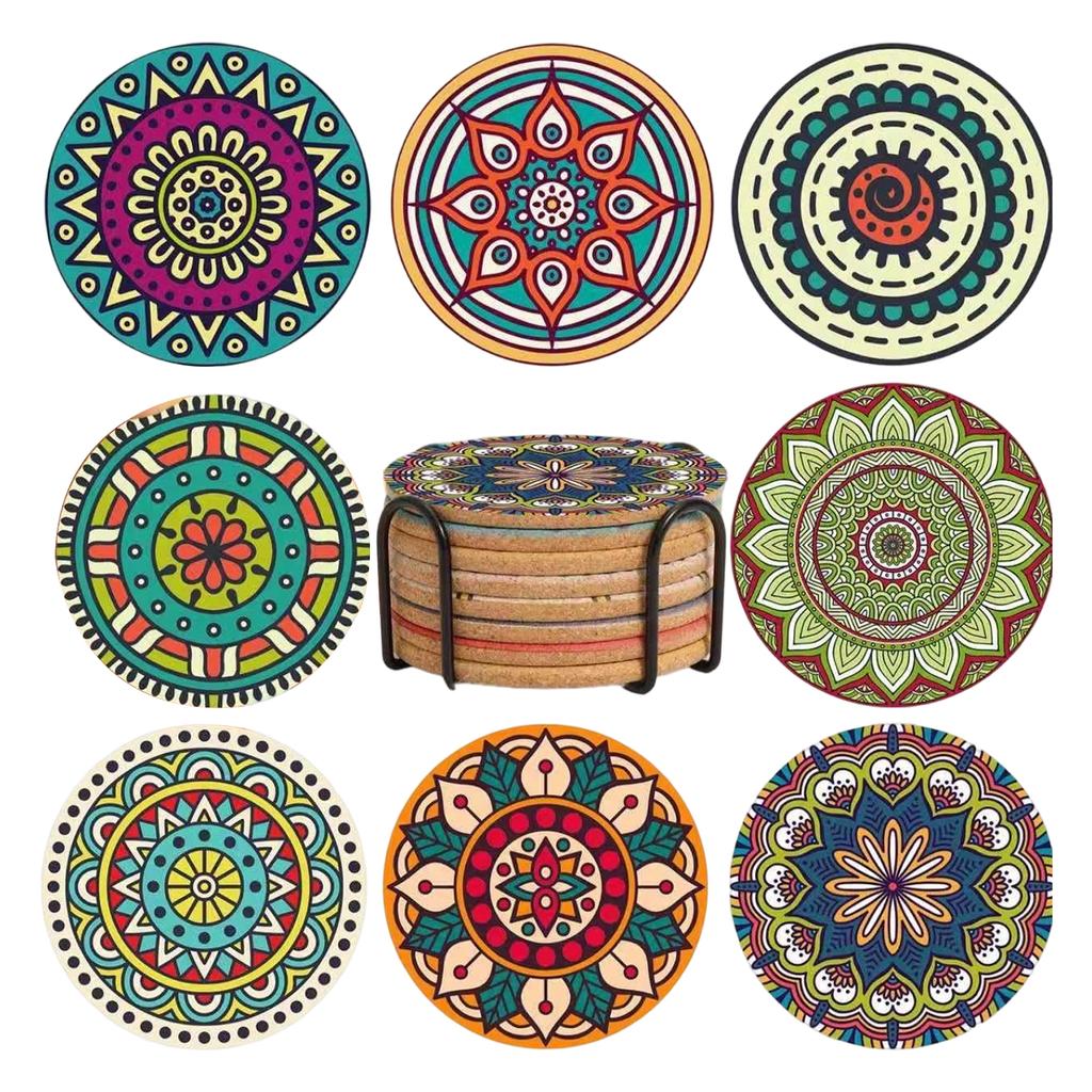 Set of 8 Round Woven Coasters with Holder Thick Heat Resistant Trivets for Kitchen Table Protection and Hot Pot Use Durable Design