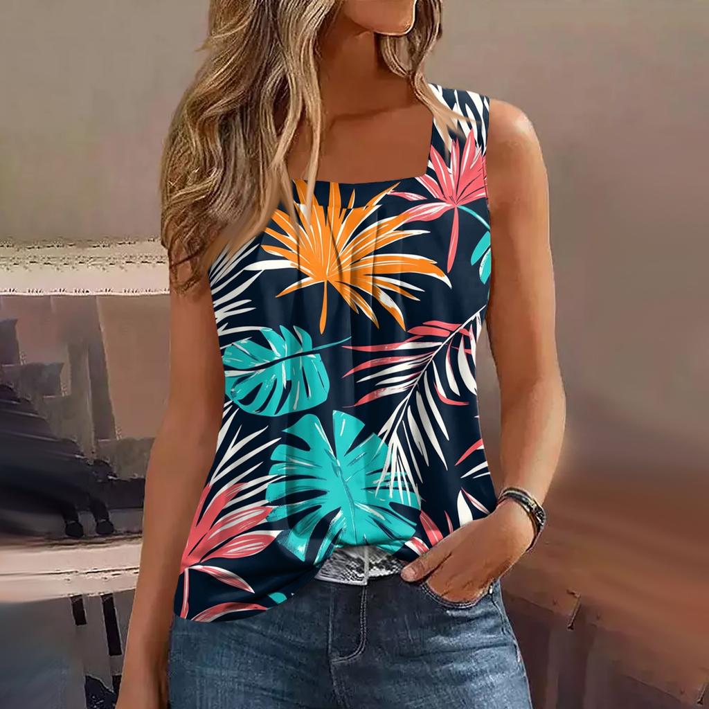 Dámské letní ležérní plisované tílko bez rukávů se čtvercovým výstřihem s potiskem