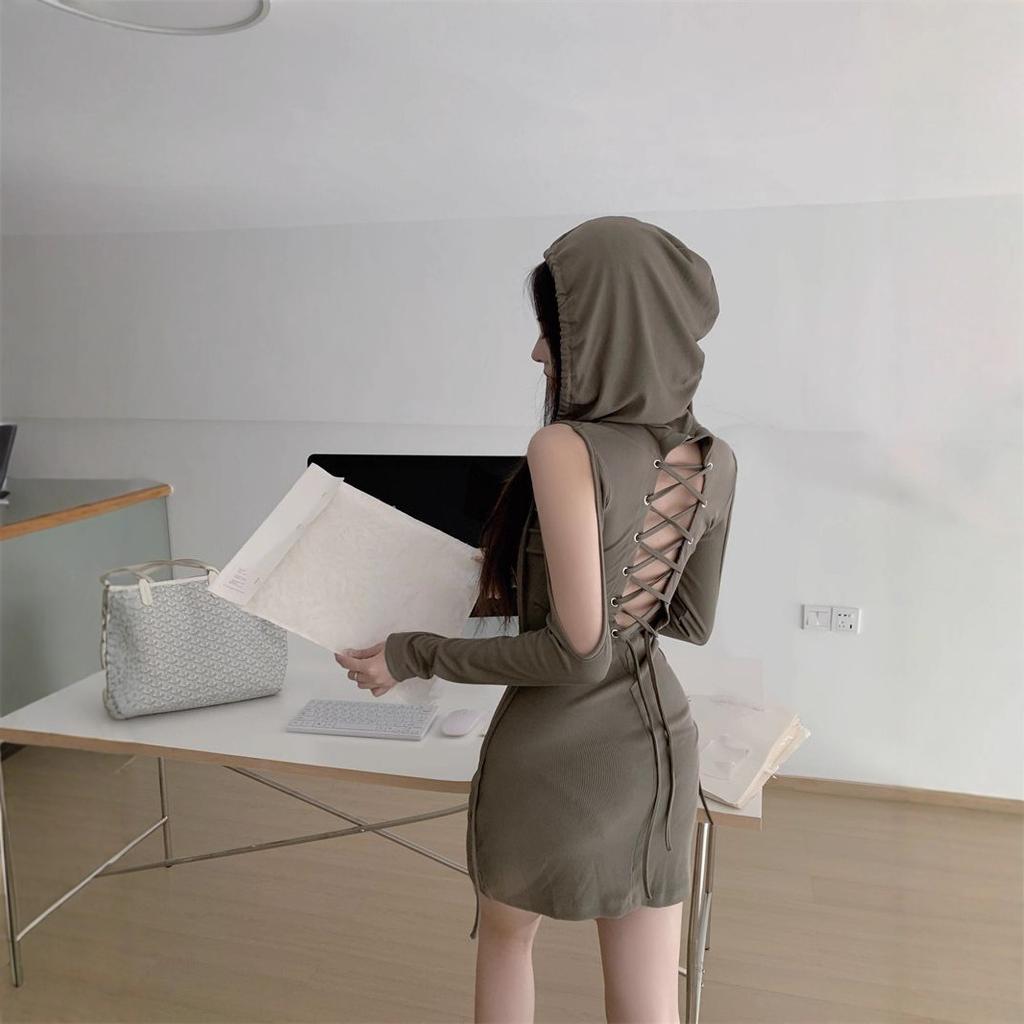 Wasteland style v-neck hooded dress for women's autumn pure desire hottie sexy backless hip-wrapped short skirt off-the-shoulder bottoming skirt