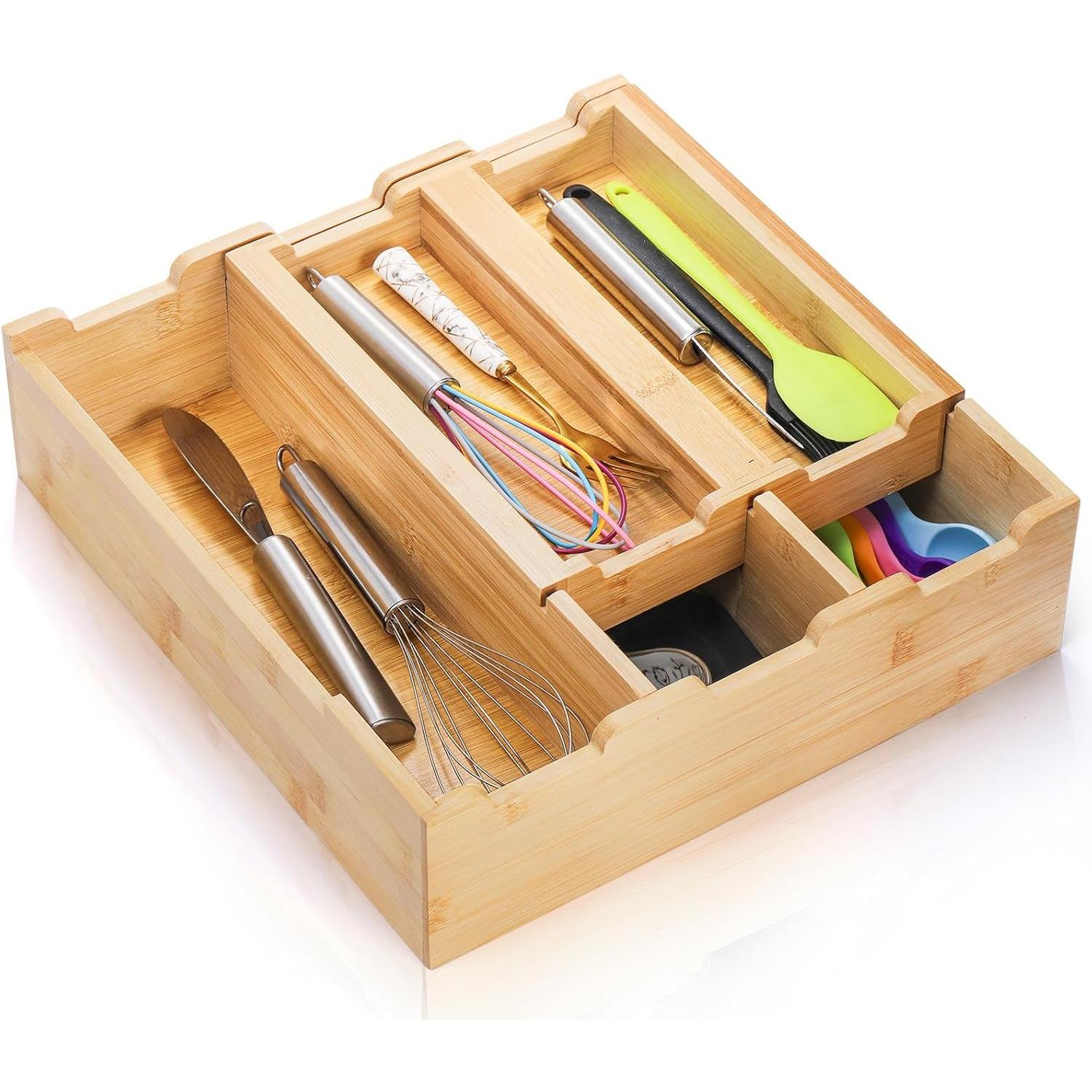 Bamboo Kitchen Drawer Organizer, Stackable 2-Tier Utensil Drawer Organizer Tray, Silverware Organizer Flatware Storage for Kitchen Cabinet, Pantry