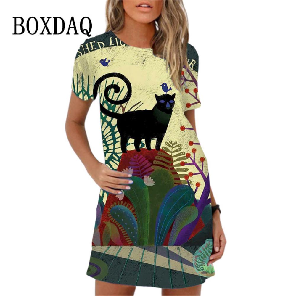 2026 New Summer 3d Peacock Pattern Loose A-line Round Neck Dress Casual Beach Party Short-sleeved Dress