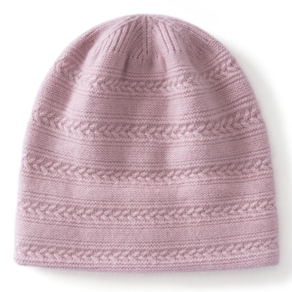 Soft waxy cashmere, autumn and winter new women's solid color jacquard crimped headhat, warm ear protection knitted hat