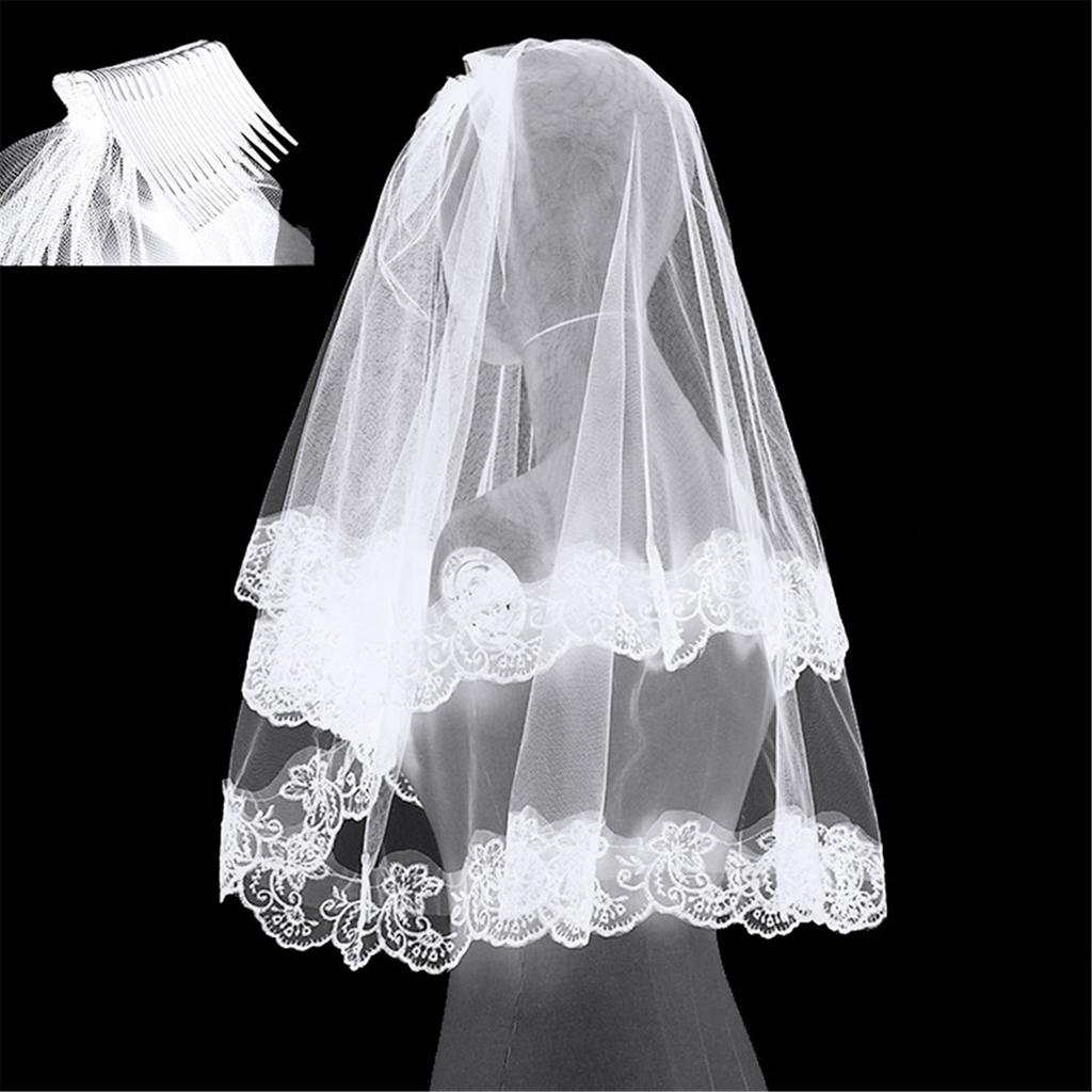Carnival Bride Lace Veil Women Layered Tulle Bachelorette Party Wedding Veil with Lace Floral Trim for Taking Photo