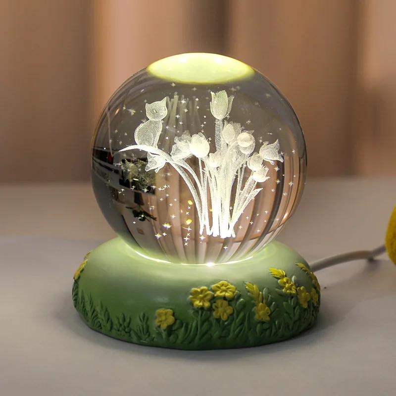 3D Crystal Ball Rose Carnation Flower Crystal Ball Night Light with Glowing Base Glass Ball Ornaments Mother's Day Birthday Gift