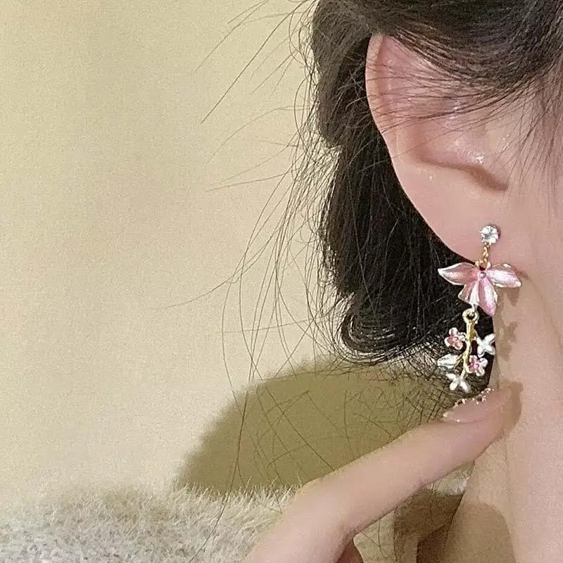 2025 New Pink Enamel Petals Earrings for Women Girls Sweet Zircon Flower Leaf Tassel Pendant Earring Party Fashion  Gifts