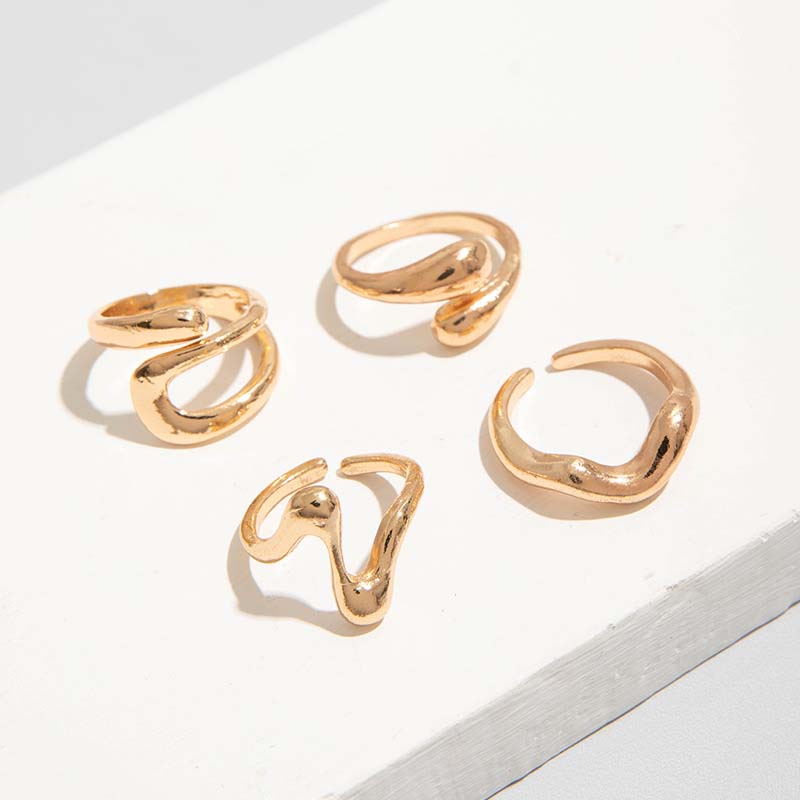 4Pcs/Set Fashion Copper Color Irregular Geometric Open Rings For Women Men Punk Metal Adjustable Knuckle Joint Ring Zircon