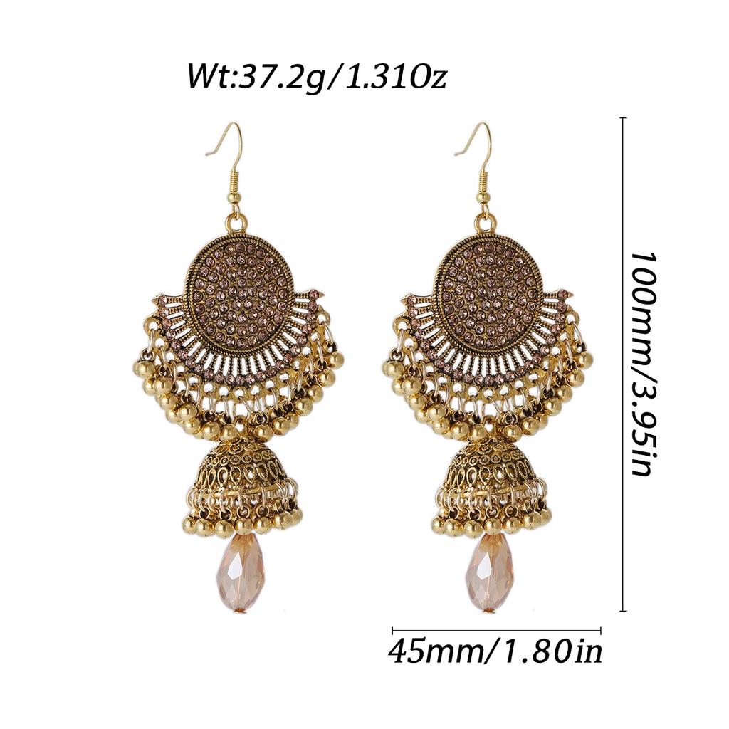 New Vintage Colorful Crystal Earring for Women Luxury Gold Color Round Carved Bell Pendant Earrings Girl Female Boho Jewelry