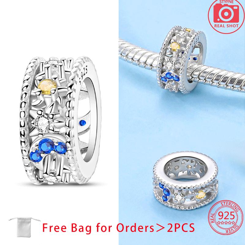 Moon Stars Planets Shining Zircon Beads Pendant Fit Women Diy Copper Charms Jewelry Original Bracelet Fine Delicate Gift