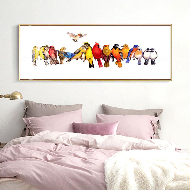 Nordisches modernes handgemaltes Gemälde auf Leinwand, Cartoon-hockende Vögel, niedliche Tierposter und Drucke für Nachttischdekoration, Heimkunst