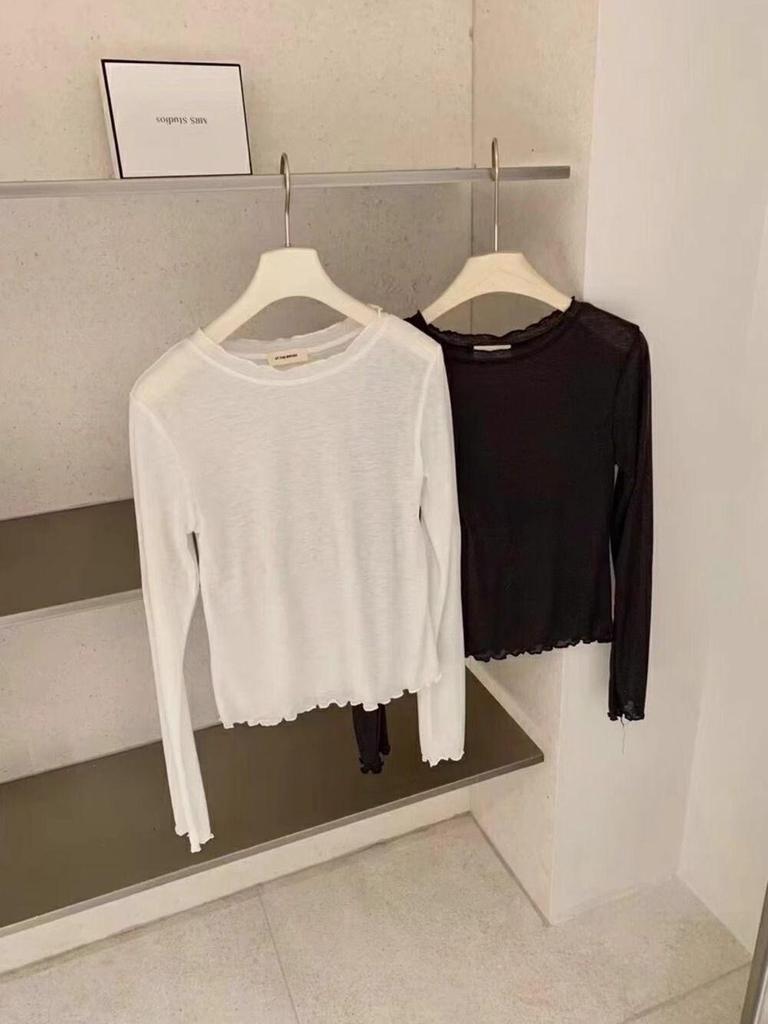 Süßer Rüschen-Cardigan mit Rundhalsausschnitt in Milchgeschmack-Optik zum Layern - Damen Dünnes, halbtransparentes Langarm-T-Shirt