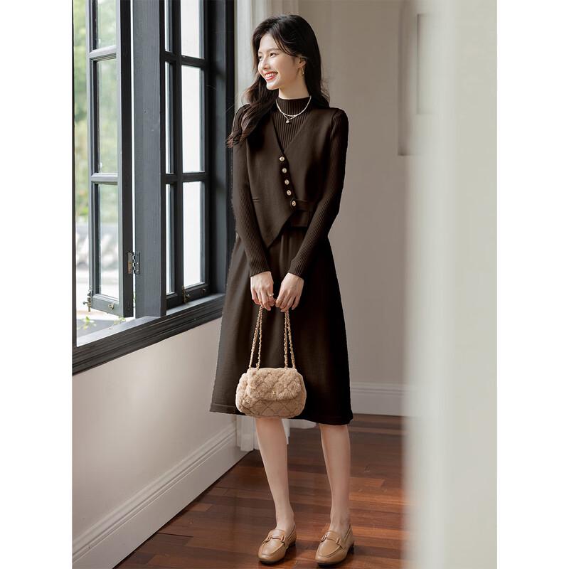 Women's Fashion Versatile Vest & Long Sleeve Midi Dress Set