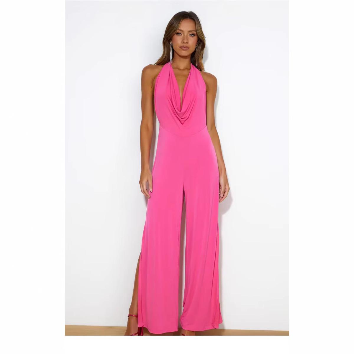 

Women s Solid Silk Satin Halter Jumpsuit - 2025 Summer Fashion Medium