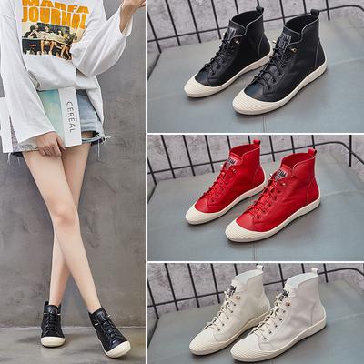 Red High-top Short Boots Women's Leather Autumn and Winter New Single-sided Flat-bottomed Shell-head Single Shoes Casual Four-season White Shoes Tide
