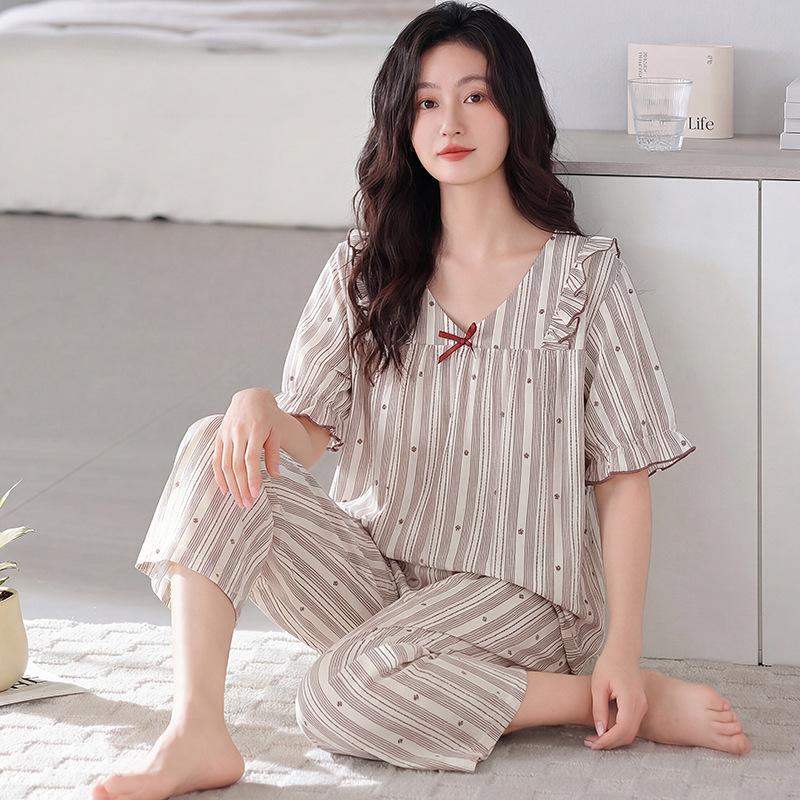 Pure cotton summer thin pajamas women's 1011 new summer cool short-sleeved cropped pants large size loungewear set