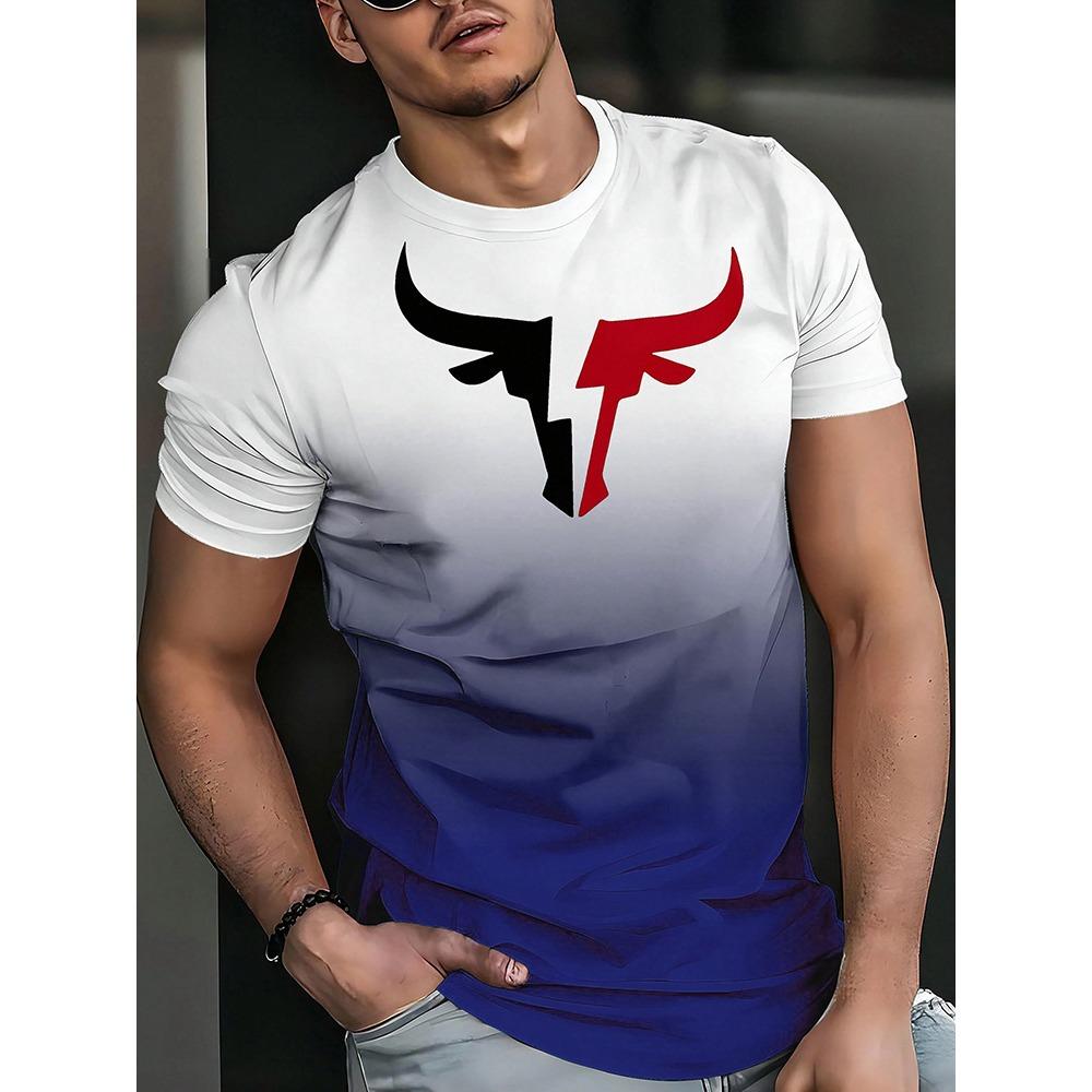 3D Bull Head Print Summer Casual Men's T-shirt Urban Street Fashion Men's Short-sleeved Shirt Outdoor Sports and Fitness Men's S