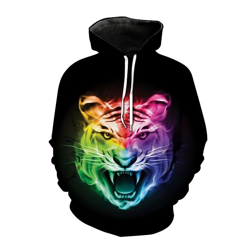 

Осенние мужские толстовки с изображением животных и тигров, толстовки с 3D-принтом и животными, спортивная толстовка с капюшоном, свободные длинные рукава, карманы, модная толстовка с капюшоном 5XL