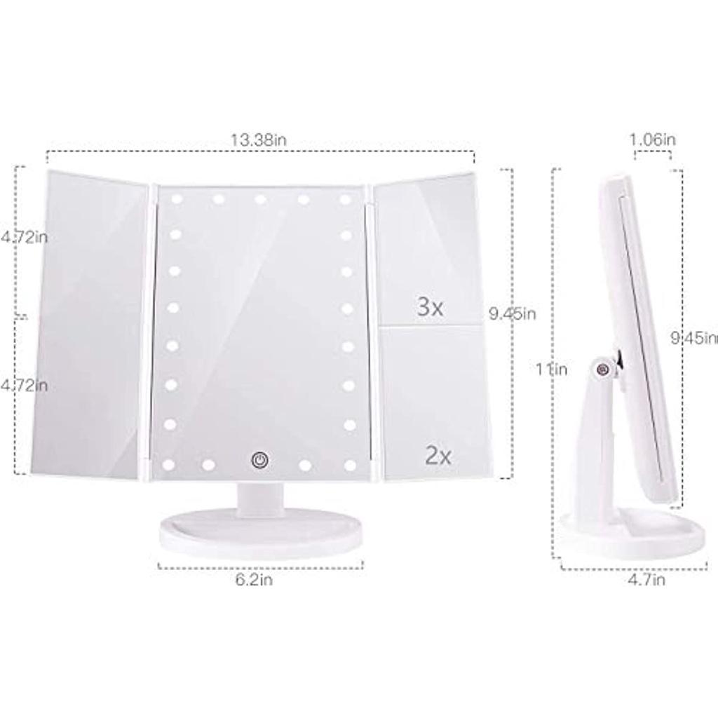 Makeup Mirror With LED, 1x Magnification Triptych Makeup Mirror, 2X, 3X, Cosmetic Mirror 21 Led Lighting Touch Screen, 180 ° Adjustable (White)
