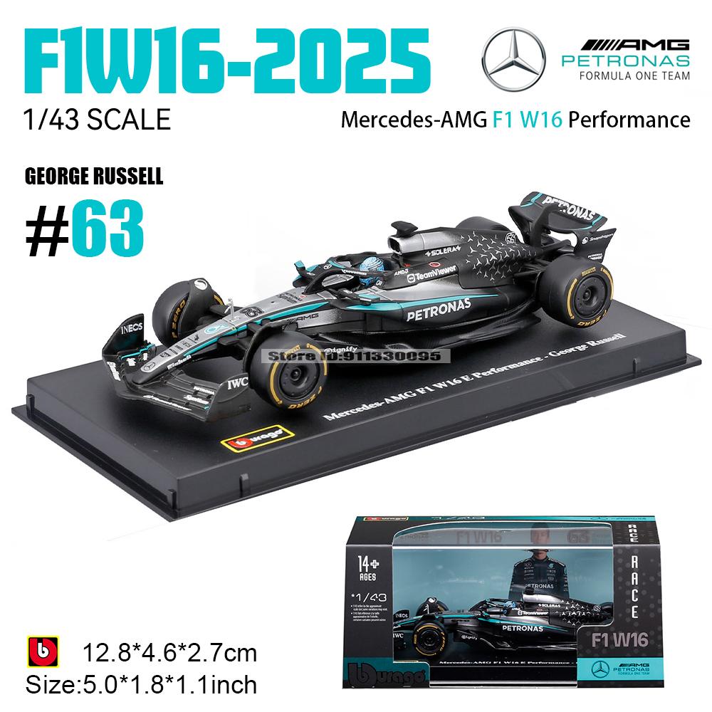 Burago 1:43 F1 W16 Mercedes-Amg 63# George Russell 12# Andrea Kimi Antonelli Automodell Legierungsauto Spielzeugsammlung black