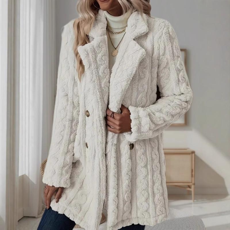 Women S Plush Double Breasted Mid Length Coat Notched Lapel Casual Warm Outerwear