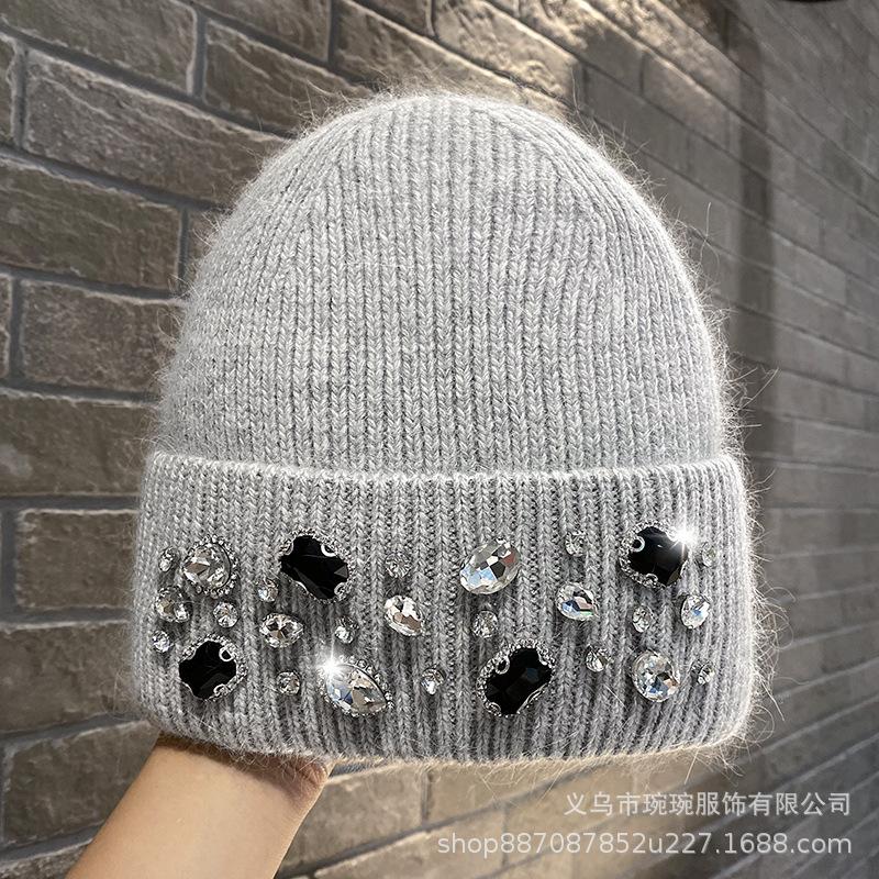 Trendy Fashion Rhinestone Wool Hat Women's Group Style Versatile Pullover Cold Hat Autumn and Winter Warm and Cold-proof Knitted Hat