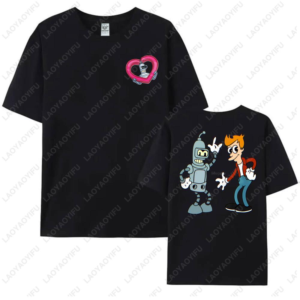 Funny Futurama Tees Robot and Boy Cartoon Design Unisex Cotton TShirt Casual Summer Wear Trendy Graphic Tee for Unisex Women