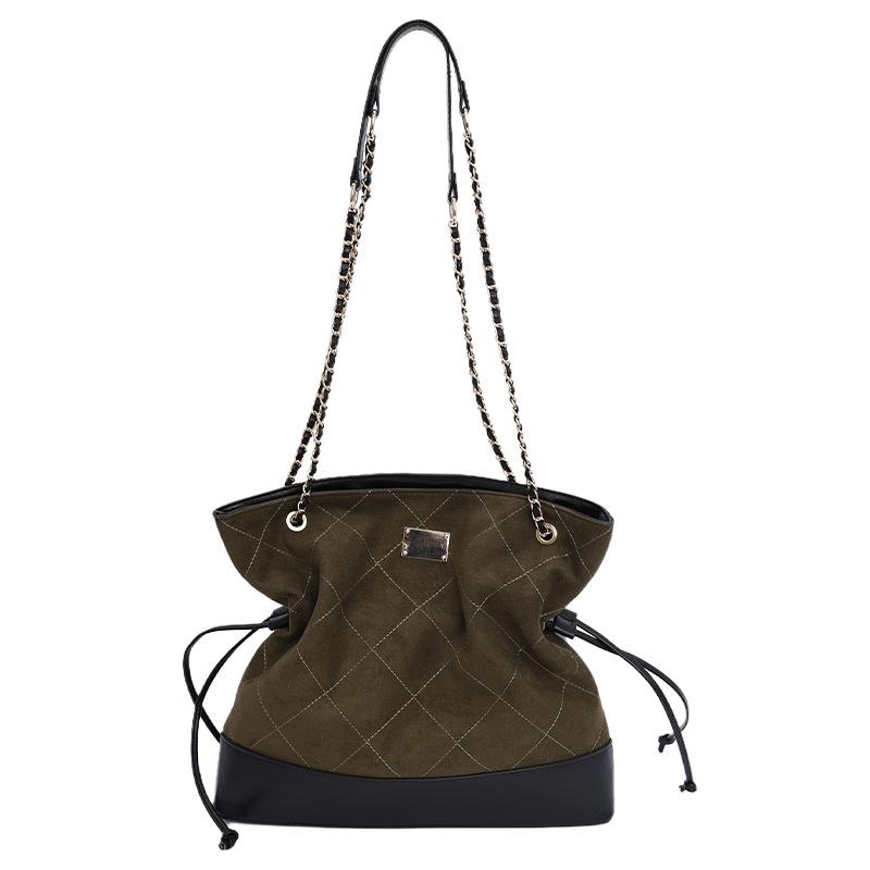 Lingge Chain Bag Vintage Bucket Bag Women's Stitching Shoulder Bag Commuter Crossbody Bag