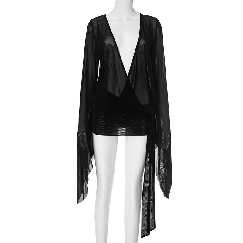 

Outfitgirl Ультра Низкий Вырез Черное Прозрачное Тюлевое Платье с Большими Рукавами-Клеш Ночной Клуб Сексуальное Сексуальное Соблазнение Юбка Black S